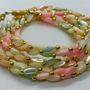 VINTAGE MOTHER OF PEARL OVAL SHELL BEAD MULTICOLOR TORSADE NECKLACE 3 STRAND 22”